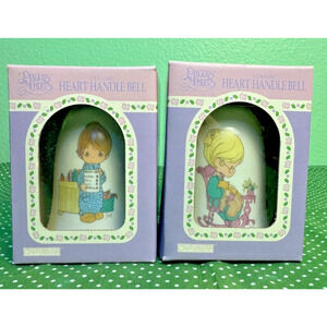 2x NIP Vtg Precious Moments Heart Handle Bells 1994 Enesco Knit Boy Girl